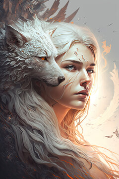 White wolf and goddess, Generative AI