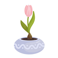 Pink tulip in a flower pot.Cartoon vector graphic.