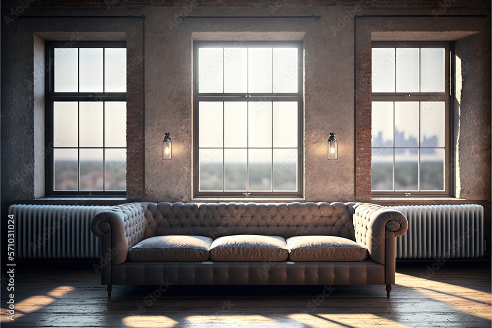 Canvas Prints big comfortable sofa in empty loft cafe against background of large windows with view outside generative ai