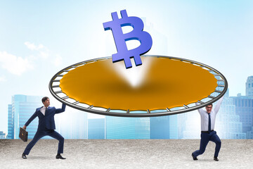 Monetary concept with cryptocurrency bouncing off the trampoline