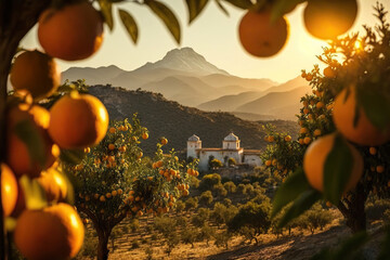 Delicious orange fruits in ripe, bountiful garden. Based on Generative AI - obrazy, fototapety, plakaty