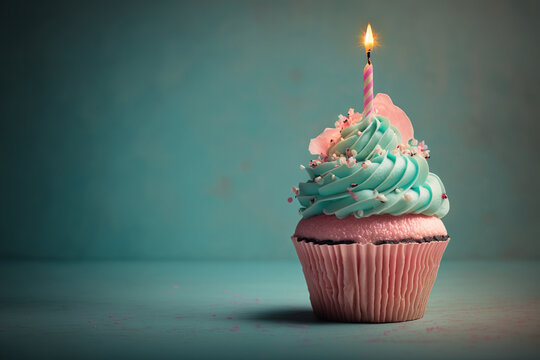 Cupcake with birthday candle. Generative Ai.