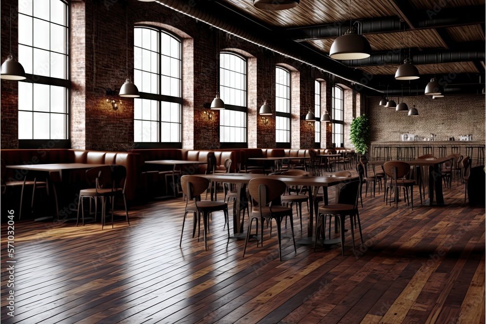 Sticker large empty loft cafe with wooden flooring in modern style, generative ai