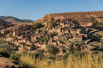 Fototapeta na wymiar Panoramic view of a small berber village in the Tahnout area near the Atlas Mountains, Morocco