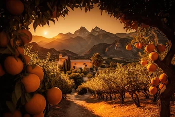 Poster Delicious orange fruits in ripe, bountiful garden. Based on Generative AI © Yeti Studio