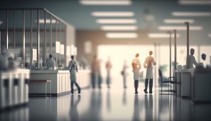 Fototapeta na wymiar Blurry busy hospital scene. generative AI