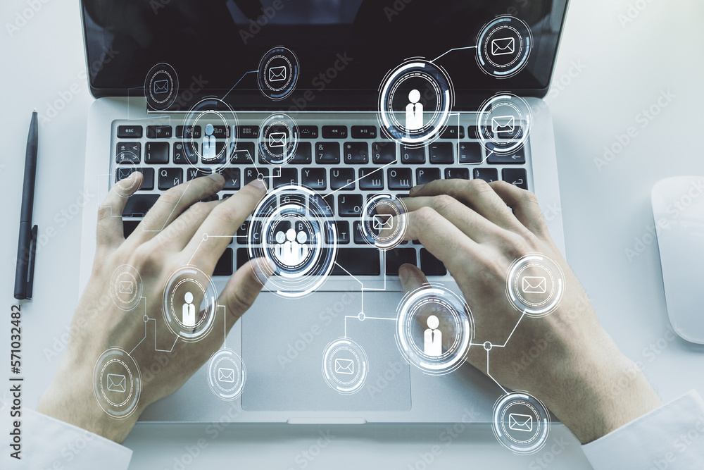 Aufkleber double exposure of social network icons concept with hand typing on computer keyboard on background.