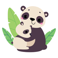 Panda family. Cute mom panda bear hugging her baby cartoon vector illustration