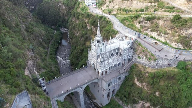 Drone view of the National Shrine Basilica of Our Lady of Las Lajas over the Gu&aacute;itara River in Narino Department of Colombia in Ipiales, considered one of the most beautiful churches in the world
