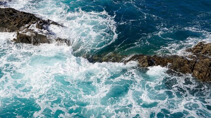 Blue Atlantic Ocean view waves and cliffs in the Fuerteventura Spain                       