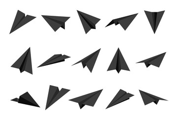 Realistic black handmade paper planes isolated on white background. Origami aircraft in flat style. Vector illustration.