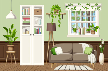 Living room interior with a sofa, a white bookcase, a window, and houseplants. Cozy room interior design. Cartoon vector illustration