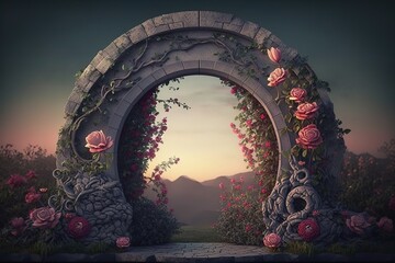 Fairytale arch of stones with flowers. AI
