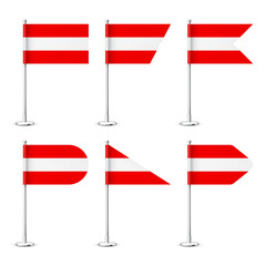Realistic various Austrian table flags on a chrome steel pole. Souvenir from Austria. Desk flag made of paper or fabric, shiny metal stand. Mockup for promotion and advertising. Vector illustration