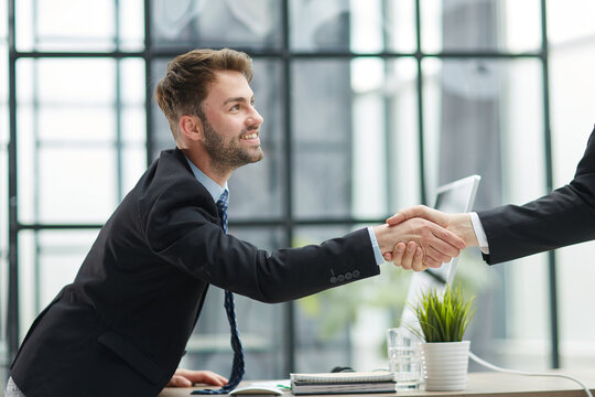 Portrait Of Cheerful Young Manager Handshake With Colleague