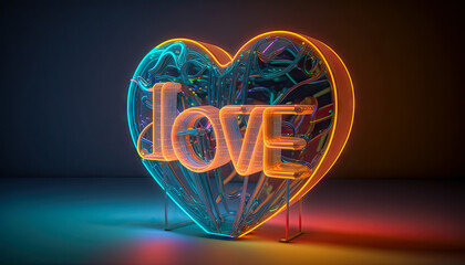 bright heart-shaped neon sign with love word