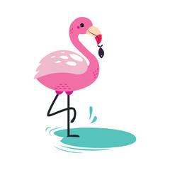 Beautiful pink flamingo. Cute tropical bird with fish in its beak cartoon vector illustration
