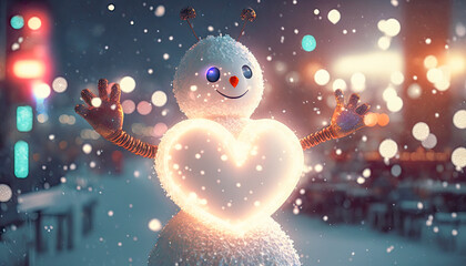 Obraz na płótnie Canvas snowman with sparkling heart on the street