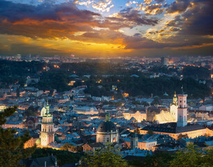 Picturesque landscape of the old town in the center of Lviv at sunset from High Castle Hill