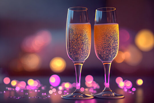 two glasses of champagne on the hearts background