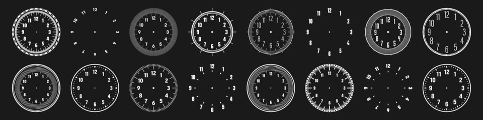 Mechanical clock faces with arabic numerals, bezel. White watch dial with minute, hour marks and numbers. Timer or stopwatch element. Blank measuring circle scale with divisions. Vector illustration