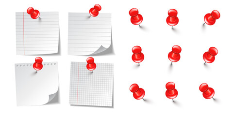 Realistic blank sticky notes isolated on white background. White sheets of note paper with red push pins. Paper reminder and plastic pushpin with needle. Board tacks. Vector illustration