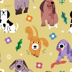 Seamless pattern with dogs in different poses. Vector bright background of pets. Bright colors.