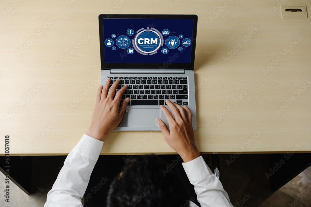 Poster customer relationship management system on modish computer for crm business and enterprise
