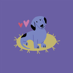 Vector bright illustration with a cute marble dachshund on the mat. Print of bright colors.
