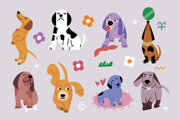 A set of cute dogs in different poses. Vector vivid illustration of pets. Vibrant colors.