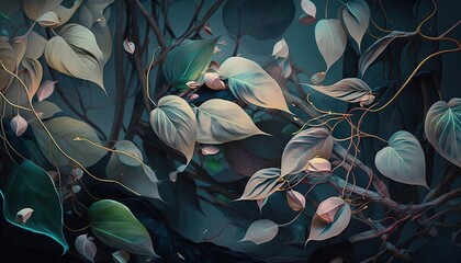  a painting of leaves and branches in a dark room with a blue wall behind it and a black background with a white and green design.  generative ai