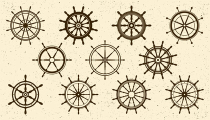 Collection of grunge vintage steering wheels. Ship, yacht retro wheel symbol. Nautical rudder icon. Marine design element. Vector illustration - obrazy, fototapety, plakaty