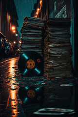 Old vinyl records left on the street in the rain. Generative Ai