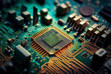 Close up of an electrical circuit board with a CPU, a microchip, and other electronic components in the background. Generative AI