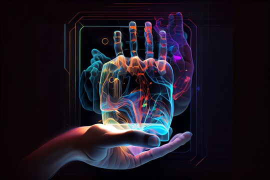 Generative AI illustration of a doctor's hands holding a digital screen with the projection of a human body hologram with different parameters and data. Generative AI
