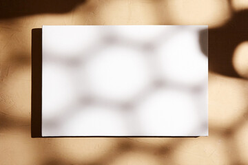White canvas, blank picture mockup hanging on beige wall with dark shadows of geometric pattern. Poster mock up, empty canvas with with a shadow in the form of hexagons, front view