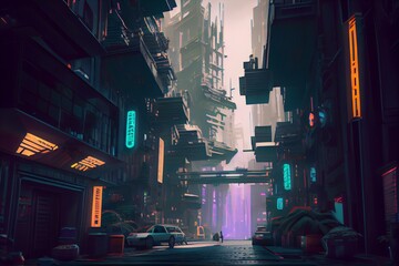 Metaverse city and cyberpunk concept. 3d render. Generative AI