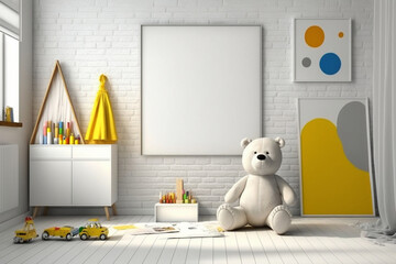 Blank frame on White Wall in children's room. Template for Design. Mock Up. AI generated