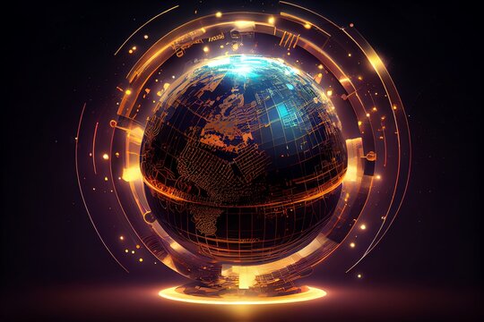Smart world technology metaverse cyber orbits digital world technology IOT world concept. 3D neon light globe star orbit shiny light backgrounds. Generative AI