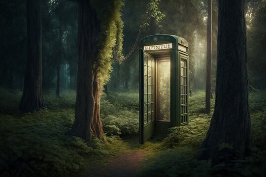 illustration, phone booth in the forest, ai generative