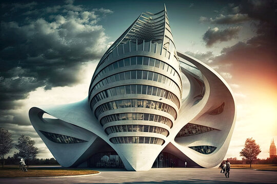 futuristic university building in shape of stylish winding cone, generative ai