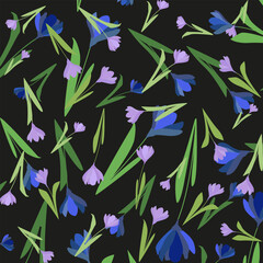 Spring flowers. blue and purple crocus flowers are arranged in a chaotic manner on a black background. Pattern with different colors. repeating spring flowers. Vector pattern. Floral background.