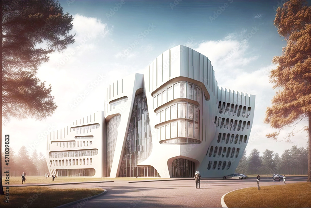 Sticker educational institution with modern futuristic university building, generative ai