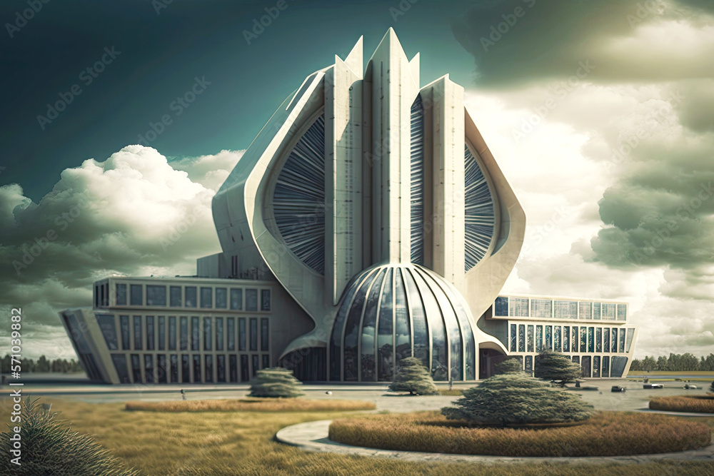 Sticker educational campus with futuristic university building against sky and clouds, generative ai