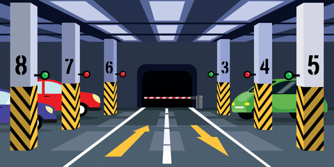 Vector illustration of a panoramic view of an underground parking lot. Cartoon parking lot with parked cars with markings, columns. Underground parking of houses, supermarkets. © MVshop
