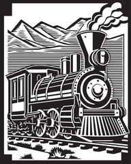 steam locomotive in the mountains linocut vector illustration