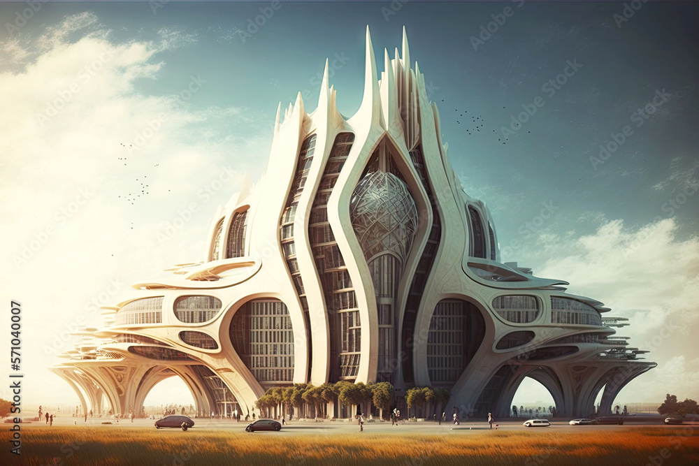 Wall mural future city with beautiful futuristic university building in form of large tower, generative ai