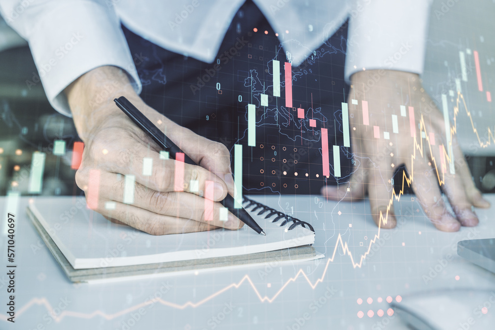 Aufkleber multi exposure of abstract financial graph with world map and with hand writing in diary on backgrou