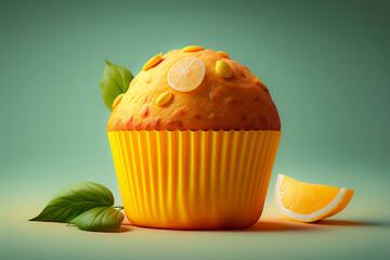 Lemon muffin. Cupcake. Fresh pastries. Colorful realistic illustration on a dark background. 3d render