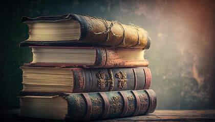 vintage ancient old books stack on table with smoke or mist drift, idea for fantasy and magical spell theme background, Generative Ai